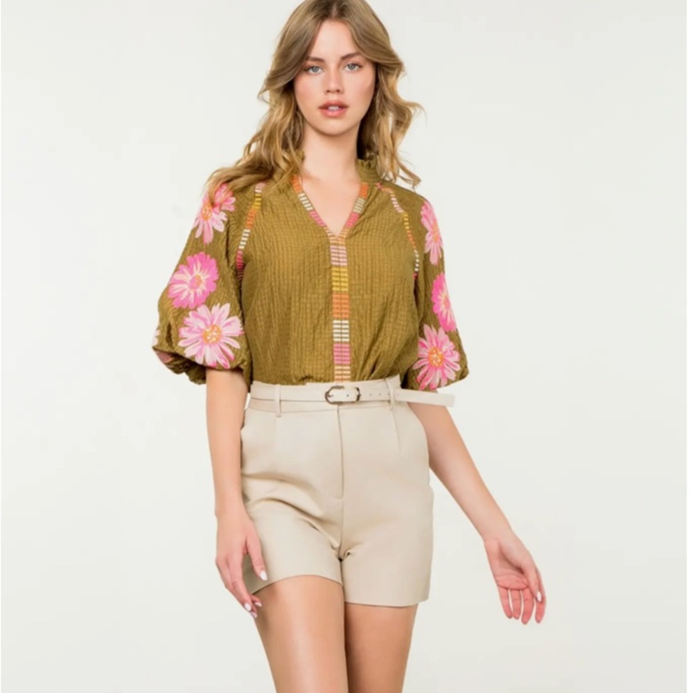 Floral Embroidered Olive Blouse by THML